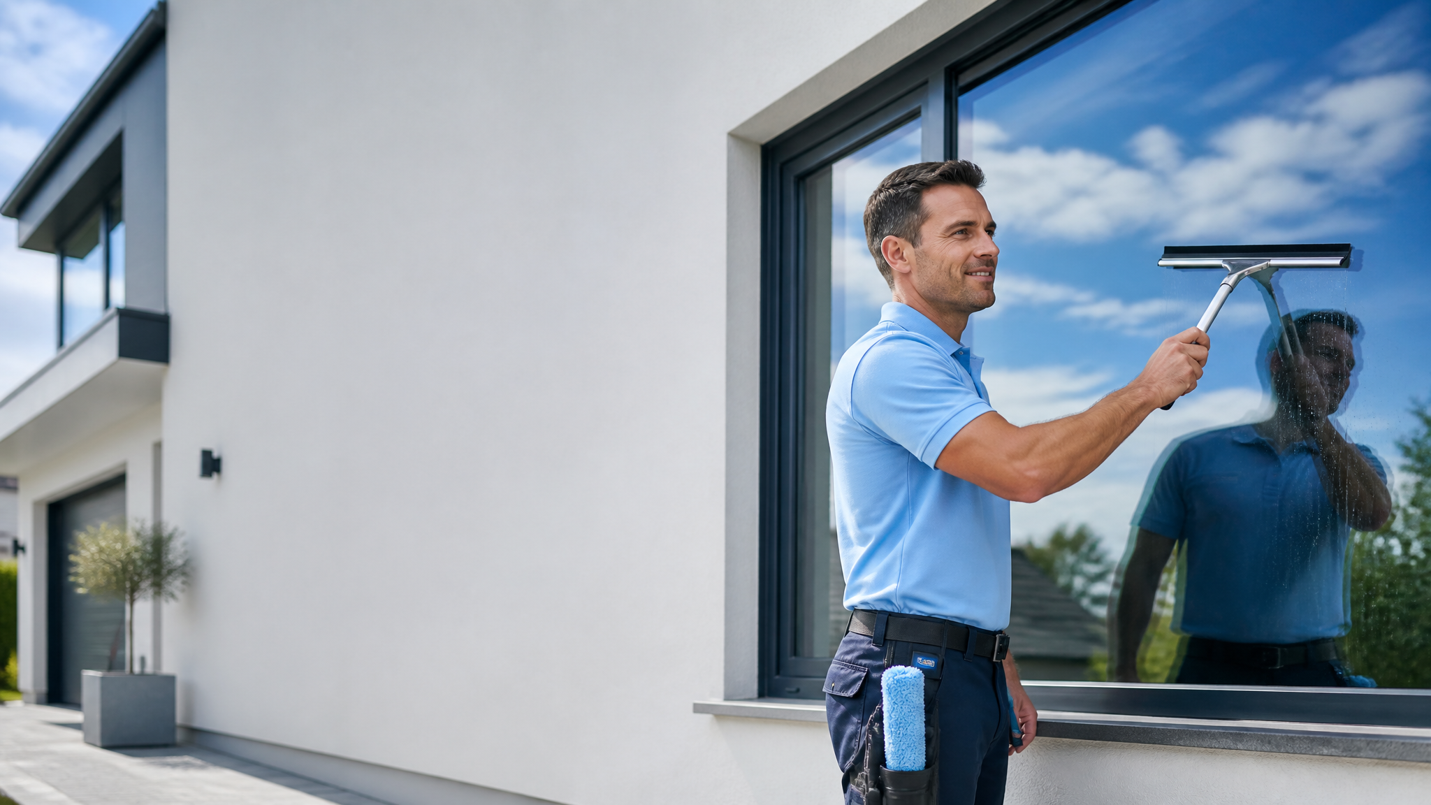 Professional window cleaner at work