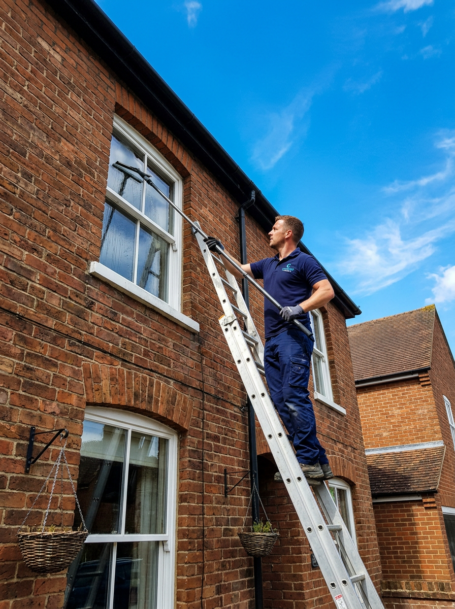 Window cleaner on a ladder reaching a high upstairs window