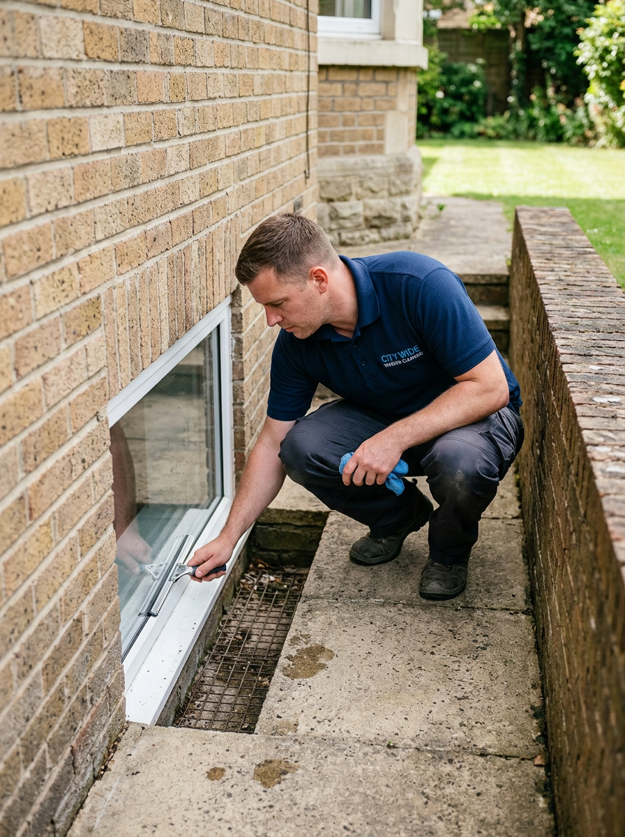 Window cleaner reaching down to clean a tricky basement window