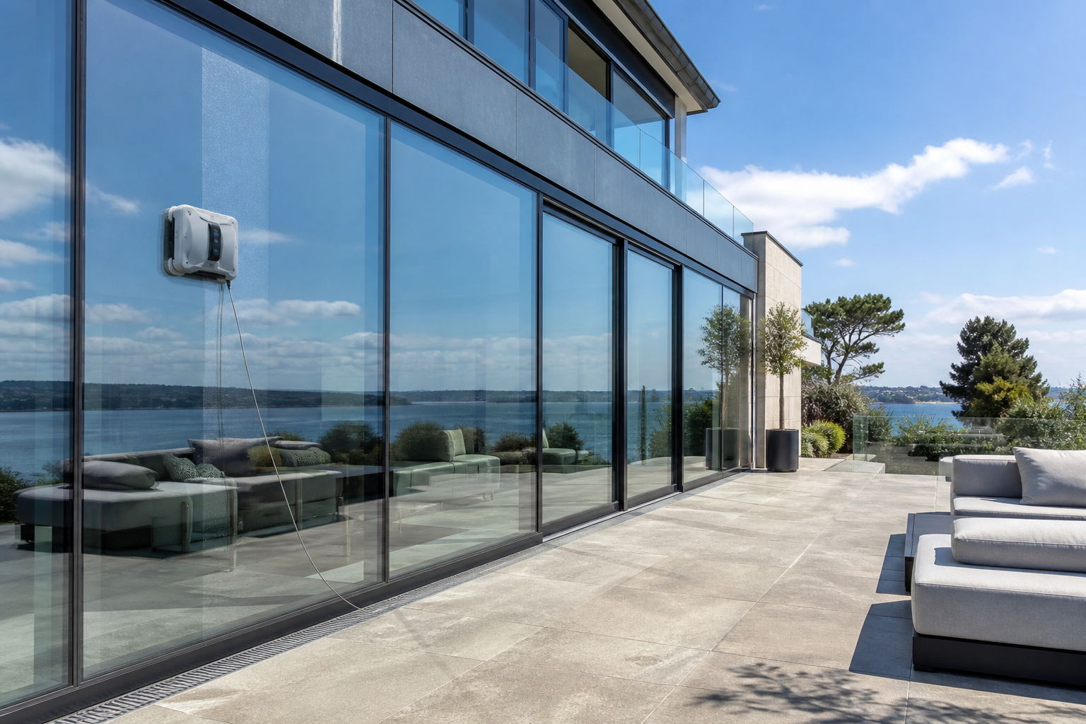 Robotic window cleaner at work on a large glass curtain wall