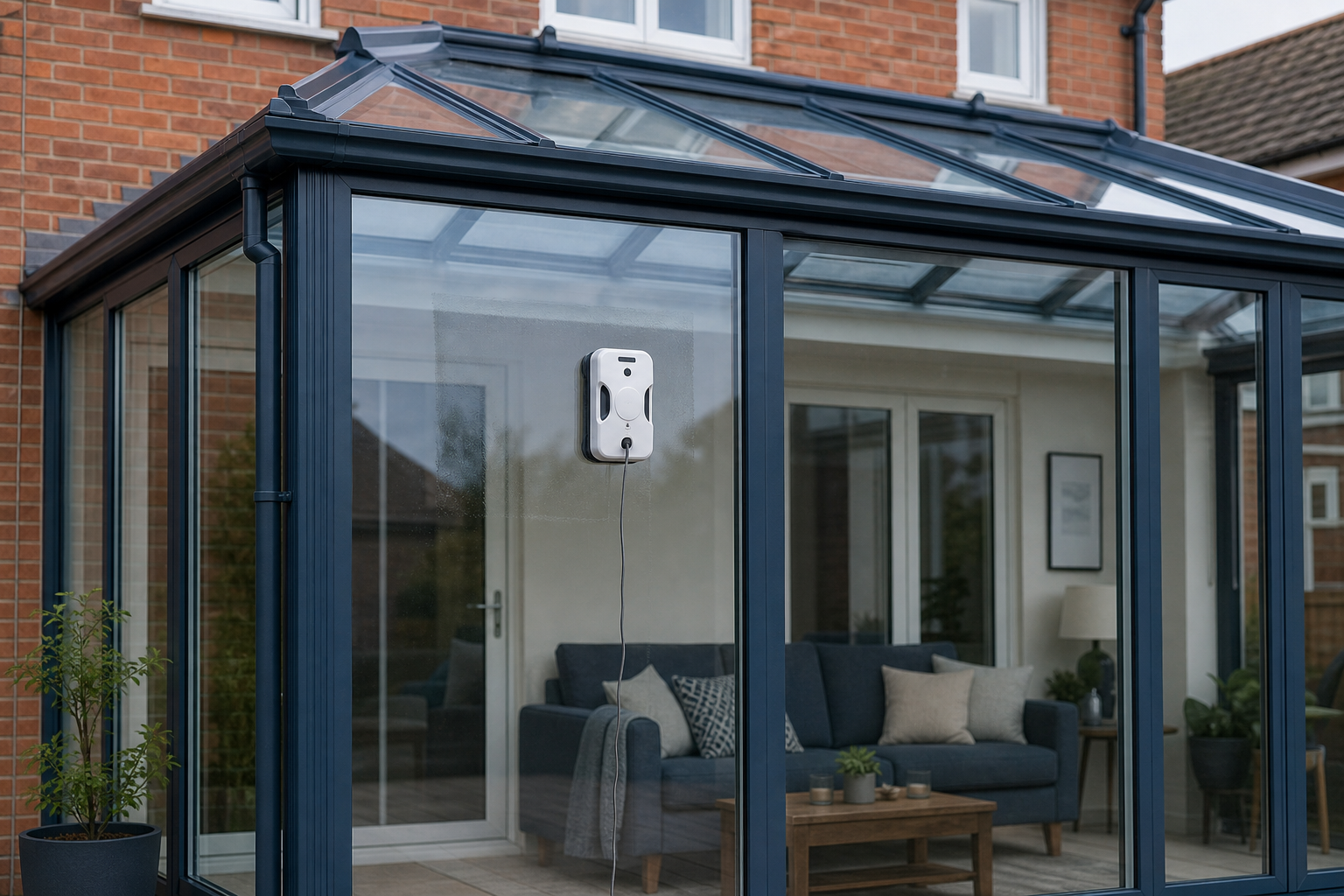 Robotic window cleaner at work on a UK conservatory glass panel